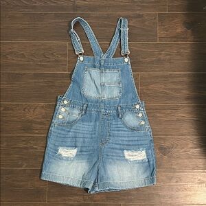 Zenana Outfitters Distressed Denim Short Overalls in Dark Blue
